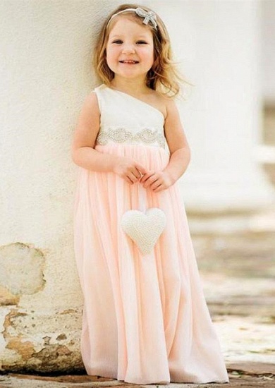 Delicate One Shoulder Chiffon UK Flower Girl Dress Pearls Girls Pageant Dress_1