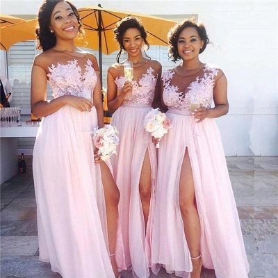 Exquisite Summer Pink Chiffon Bridesmaid Dresses UK | Scoop Cap Sleeves Side Slit Long Wedding Party Dresses_3