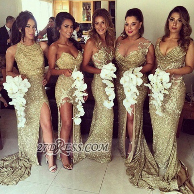 Spring Sleeveless Golden Floor-length Bridesmaid Dress With Different Design_1