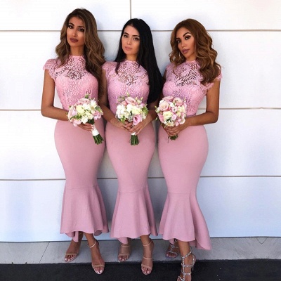 Pink Sexy Trumpt Bridesmaid Dress | Lace Cap Sleeve Wedding Reception Dress_3