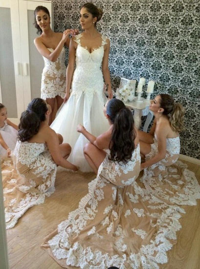 Lace Applique Asymmetrical Sexy Trumpt Bridesmaid Dresses UK Court Train Sweetheart Neck Spring Maid of Honor Dresses_2