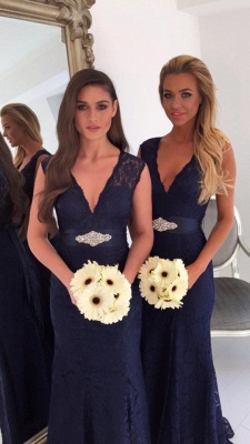 V-neck Navy Blue Lace Bridesmaid Dresses UK with Bowknot Sash | Sleeveless Cheap Maid Of Honor Dresses_4