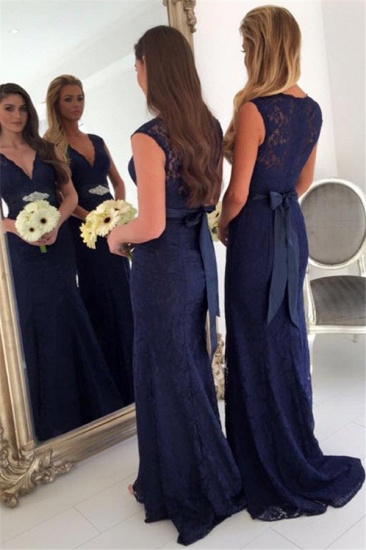 V-neck Navy Blue Lace Bridesmaid Dresses UK with Bowknot Sash | Sleeveless Cheap Maid Of Honor Dresses_3