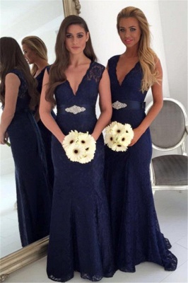 V-neck Navy Blue Lace Bridesmaid Dresses UK with Bowknot Sash | Sleeveless Cheap Maid Of Honor Dresses_1