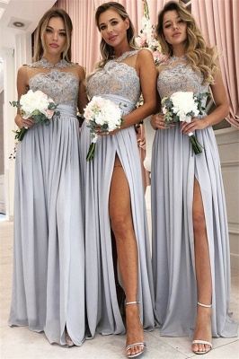 Glamorous Summer Sleeveless Bridesmaid Dresses UK | Chiffon Side Slit Lace Evening Dress_1