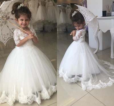 Cute Half Sleeves Lace UK Flower Girl Dresses | Tulle Puffy Wedding Party Dresses_3