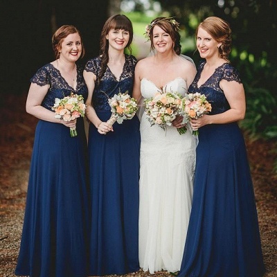 Romance Navy Blue Lace Chiffon Long Bridesmaid Dresses UK_2