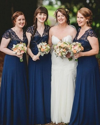 Romance Navy Blue Lace Chiffon Long Bridesmaid Dresses UK_1