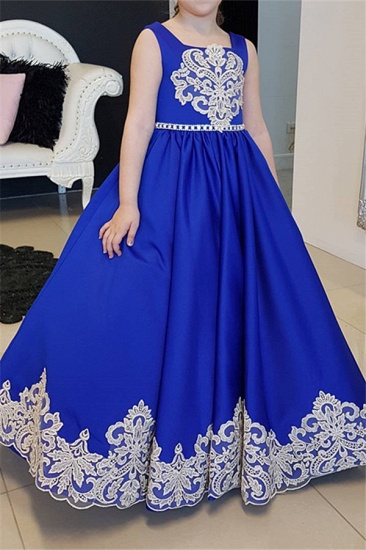 Royal Blue Modest Straps Appliques Long UK Flower Girl Dresses_1