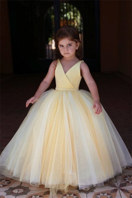 Cute Yellow V-Neck UK Flower Girl Dresses | Sleeveless Tulle Pageant Dresses BC0848_1