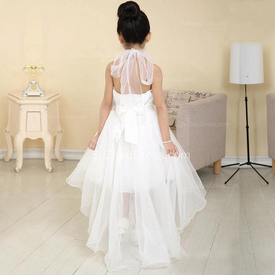White UK Flower Girl Dresses Halter Bow Hi Lo Ruched Cute A Line Organza Pageant Dress_3