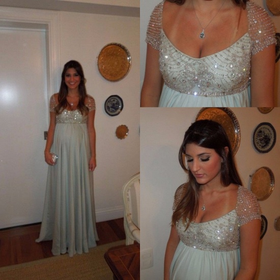 Ball-Gown Empire Beading Short-Sleeves Long Maternity Bridesmaid Dress_2