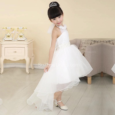 White UK Flower Girl Dresses Halter Bow Hi Lo Ruched Cute A Line Organza Pageant Dress_2