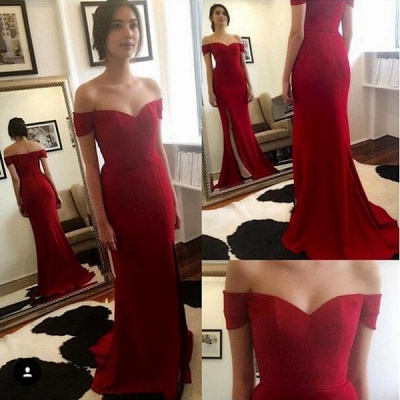 Red Off The Shoulder Maid of Honor Dresses Cheap Evening Dress for Bridesmaid with Split BA3543_3