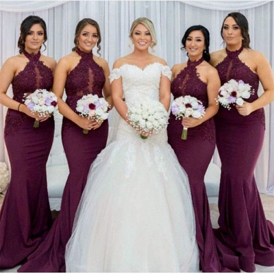 Maroon Halter Appliques Bridesmaid Dresses UK | Sexy Trumpt Sleeveless Wedding Party Dress_3