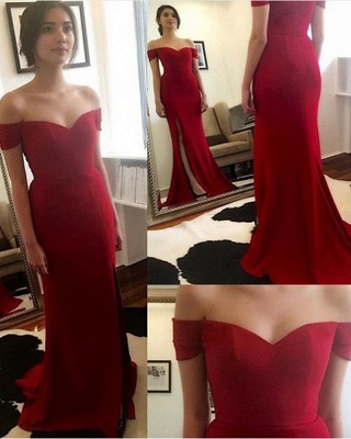 Red Off The Shoulder Maid of Honor Dresses Cheap Evening Dress for Bridesmaid with Split BA3543_1