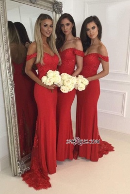 Delicate Zipper Off-the-shoulder Red Sequined Sexy Trumpt Bridesmaid Dress cc0003_1