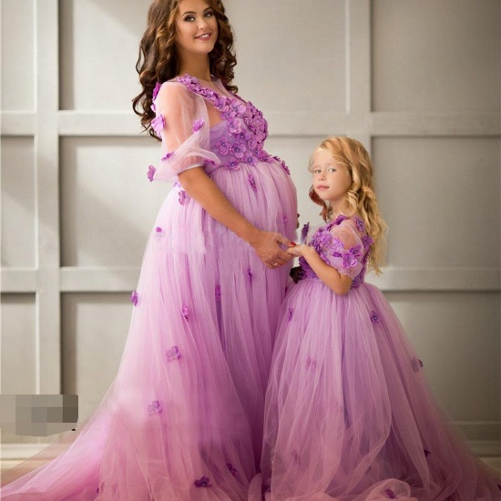 Ball-Gowwn Sweep-Train Half-Sleeves Tulle Appiluqes Flowers Maternity Bridesmaid Dress_2