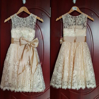 Cute Champagne Lace UK Flower Girl Dress with Bowknot New Trendy Modest UK Wedding Dress_2