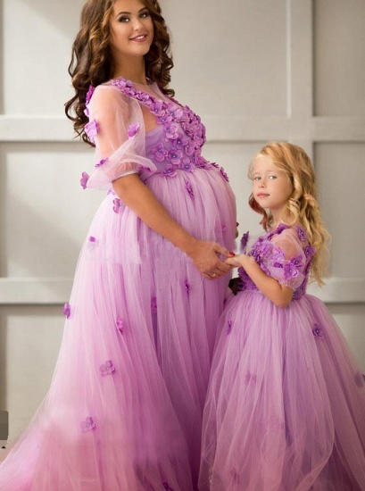 Ball-Gowwn Sweep-Train Half-Sleeves Tulle Appiluqes Flowers Maternity Bridesmaid Dress_1