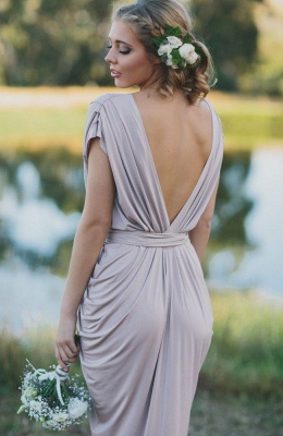 Simple Deep V-Neck With Sleeves Bridesmaid Dresses UK Ruffles Column Wedding Party Dress_3