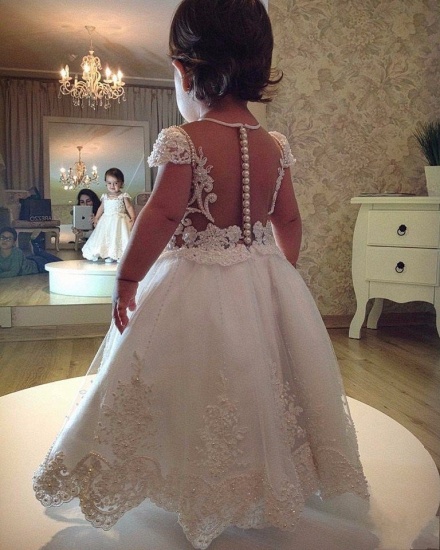 Modest Short-Sleeves Pearls Lace UK Flower Girl Dress_2