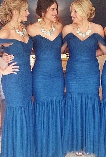 Blue Ruched Sexy Trumpt Bridesmaid Dresses UK Off the shoulder Maid of Honor Dresses_3