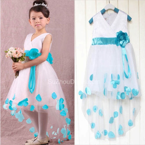 Cute White V-Neck Hi-Lo UK Flower Girl Dresses Unique Cheap Tulle Puffy Chidern Dresses with Belt_2