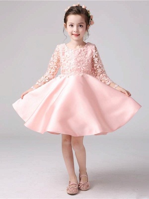 Modest Satin Lace UK Flower Girl Dress | Long Sleeves Scoop Bowknot Girl Party Dress_1