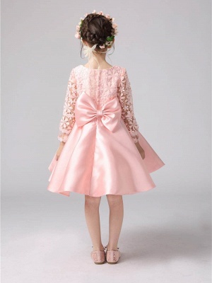 Modest Satin Lace UK Flower Girl Dress | Long Sleeves Scoop Bowknot Girl Party Dress_3