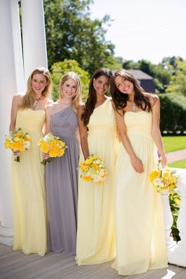 Yellow One-Shoulder Column Long Chiffon Bridesmaid Dress_1