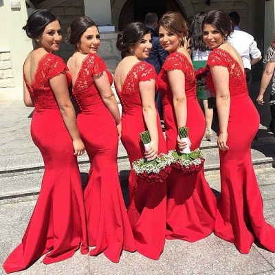 Spring Red Lace V-Neck Sexy Trumpt Bridesmaid Dresses UK Sweep Train Maid of Honor Dresses with Buttons_1