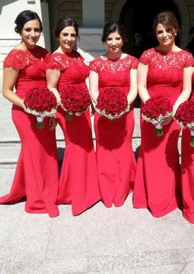 Spring Red Lace V-Neck Sexy Trumpt Bridesmaid Dresses UK Sweep Train Maid of Honor Dresses with Buttons_2