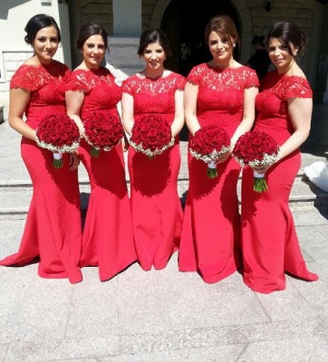 Spring Red Lace V-Neck Sexy Trumpt Bridesmaid Dresses UK Sweep Train Maid of Honor Dresses with Buttons_3